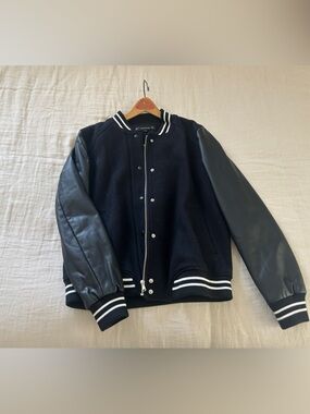Zara Women’Black Varsity Bomber Jacket with Pleather Sleeves